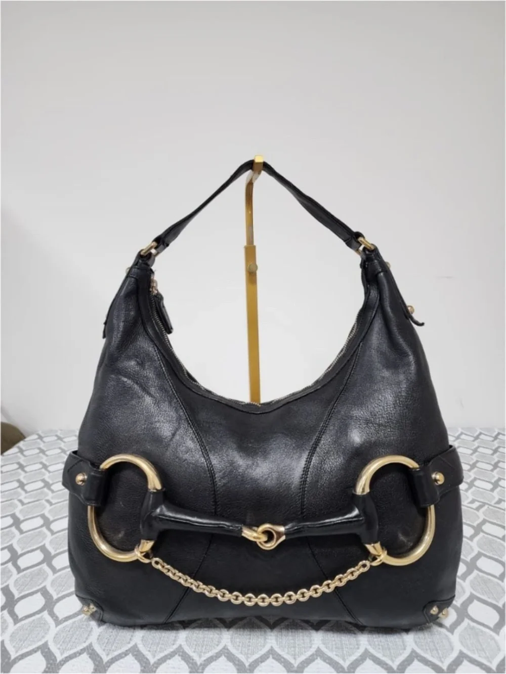 Authentic Gucci Leather Heritage Horsebit Hobo Bag Black